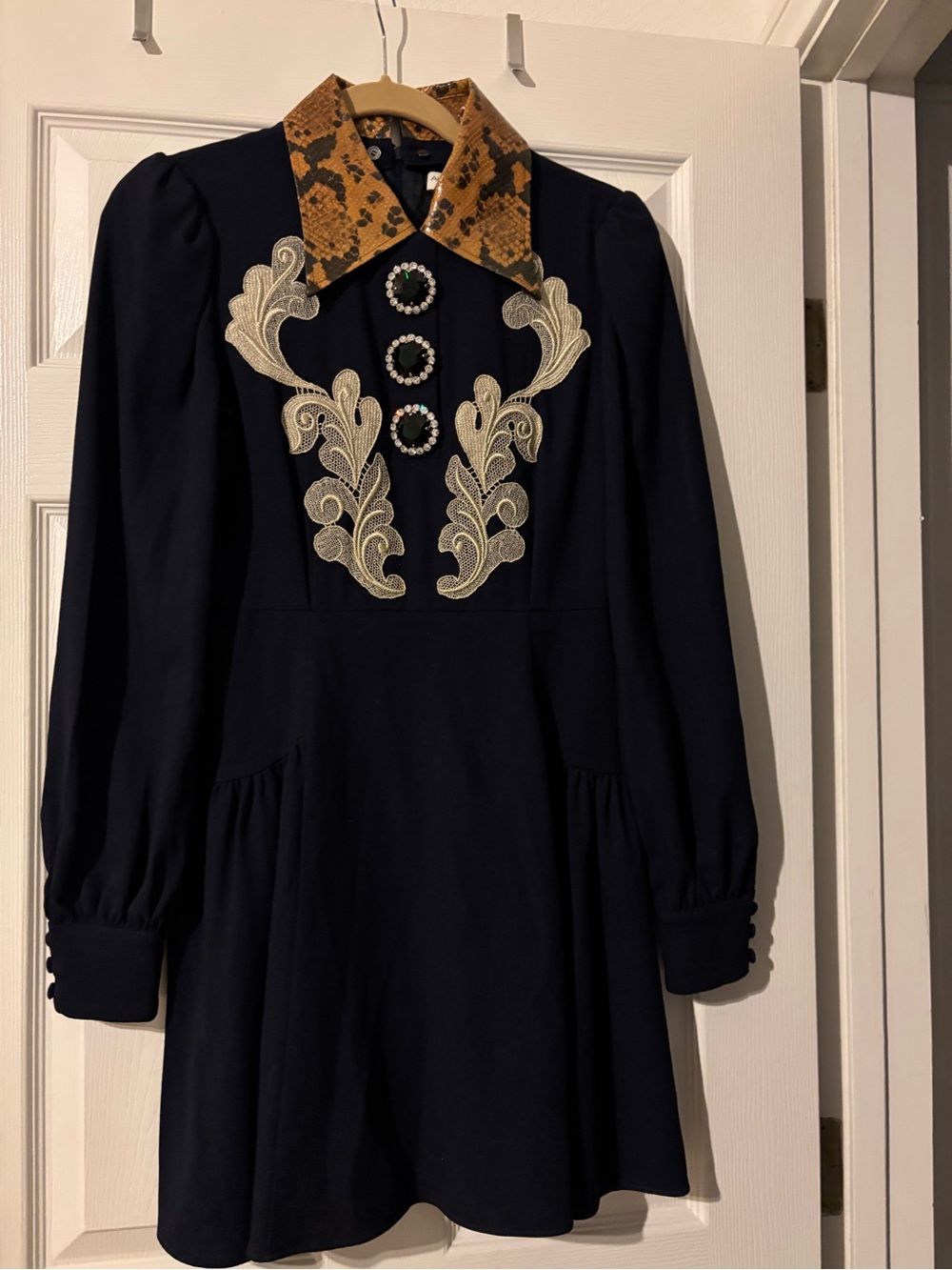 Alessandra Rich long-Sleeve Dress with Snake-Print Collar and Embroidered Detail